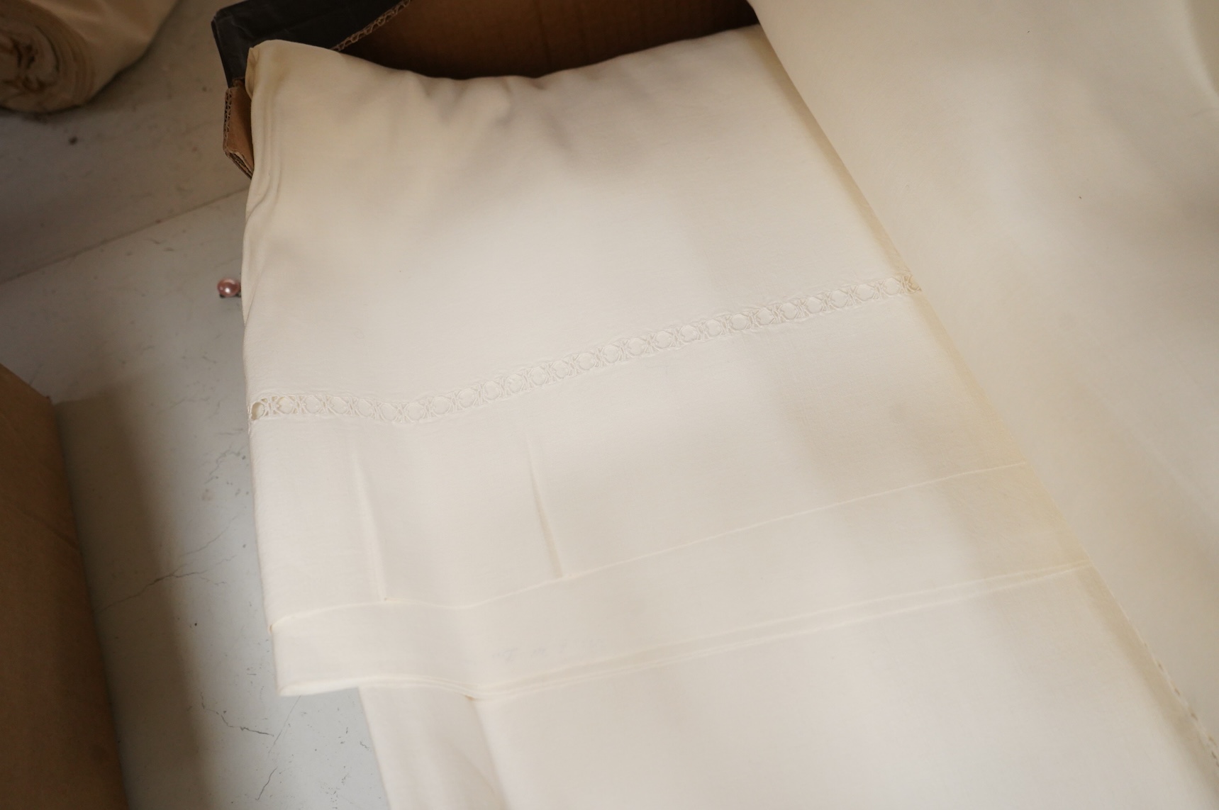 Five French provincial coarse linen drawn thread and monogrammed French top sheets